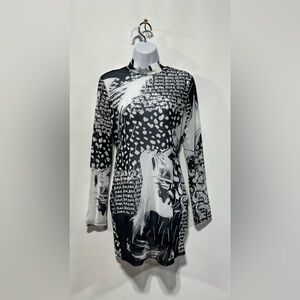 AKIRA Black and White Graphic Blah,Blah Dress Mesh Mini Open Back Size Large
